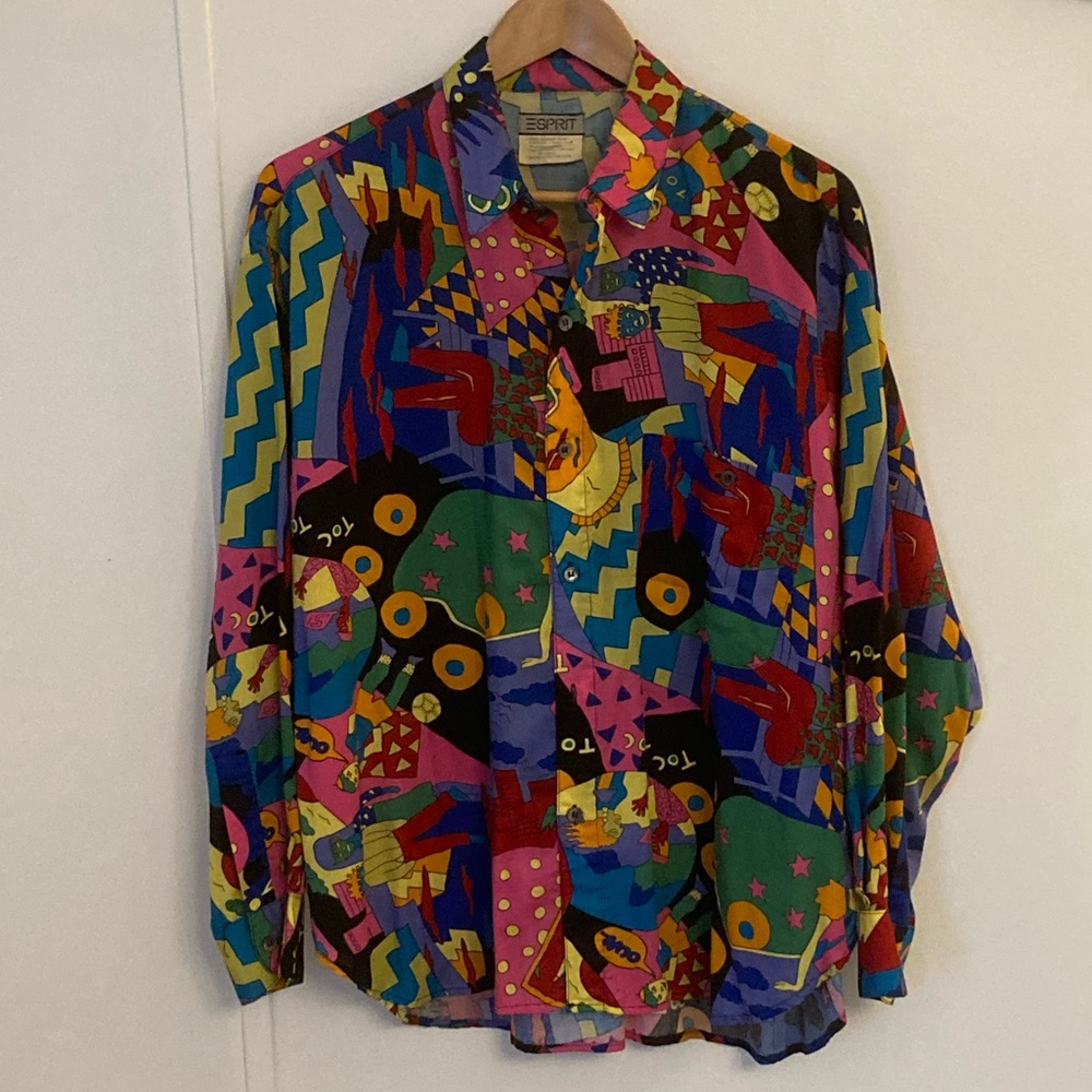 Vintage 80’s Esprit Pop Art Novelty Faces Colorful New Wave Shirt Size L Rare - Picture 2 of 11